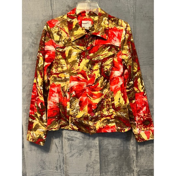 Christopher & Banks Stretch Jacket Red Gold Floral Medium 40" Bust 24" Trucker - Picture 1 of 8